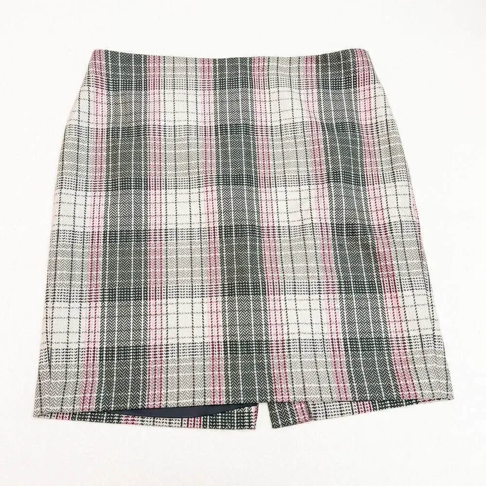 Talbots Plaid Wool Pencil Skirt Gray Pink Size 14